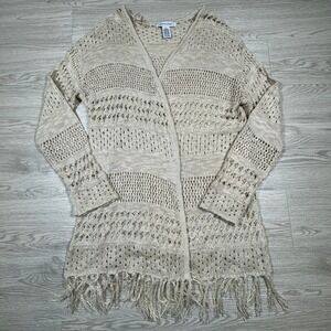 99 Jane Street Womens Cardigan Open Knit Fringe Hem Tan Beige XXL Boho Crochet